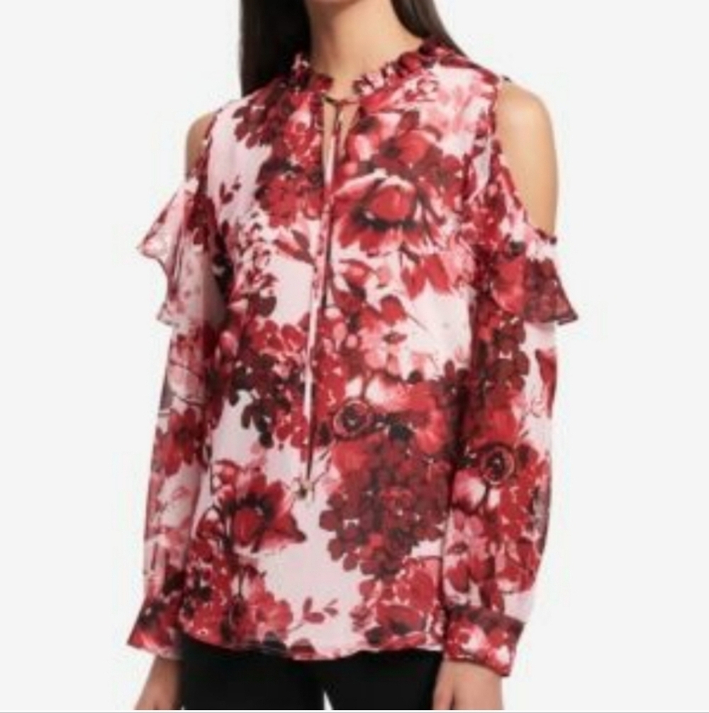 Calvin Klein Blouse Women's Cold Shoulder Ruffle Blouse Sz M
